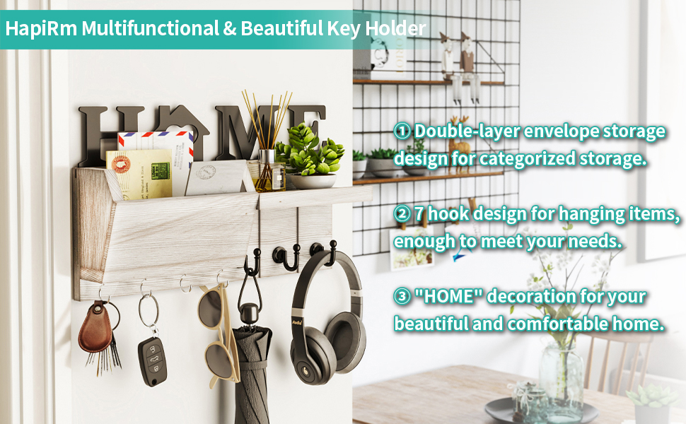 Дерев'яна ключниця HapiRm з декором HOME, 7 гачків, полиця для дрібниць, підходить для прихожої, спальні, офісу (біла)
