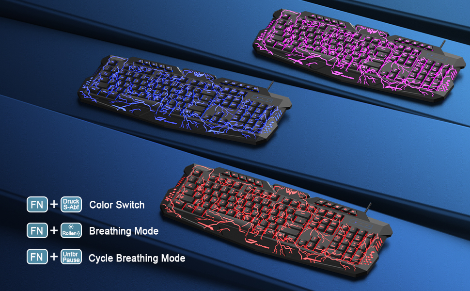 Ігровий набір клавіатури та миші: 114 клавіші QWERTZ DE, LED підсвічування, ергономічна миша з 4 кольорами, великий килимок, USB для PC/PS5/Xbox