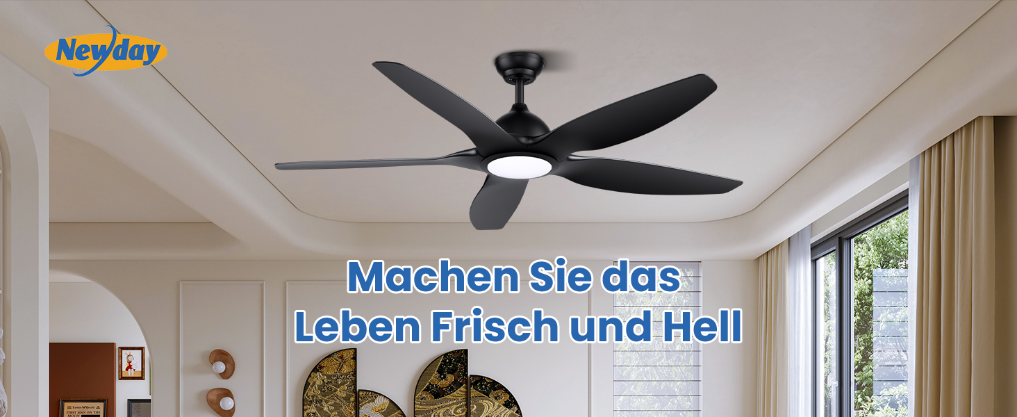 Стеляний вентилятор Newday 153см, чорний з підсвіткою та пультом, 5 лопастей, DC мотор, регулювання швидкості, таймер, для дому