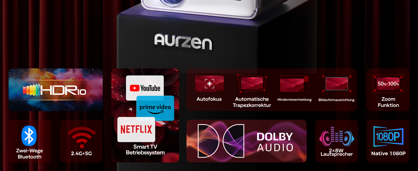 Aurzen Eazze D1 Smart Beamer: 4K проєктор для дому, Wi-Fi, Bluetooth, Netflix, Dolby Audio, автофокус, корекція трапеції, Mini проєктор, білий