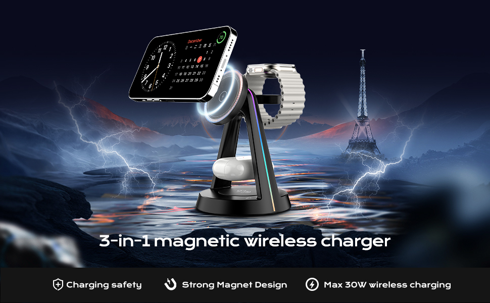 Бездротова зарядна станція 3-в-1 MagSafe OneCut з RGB підсвіткою 15W для iPhone 16/15/14/13/12 Pro Max/Plus, Apple Watch Ultra/8/7/6/SE та AirPods Pro/3/2