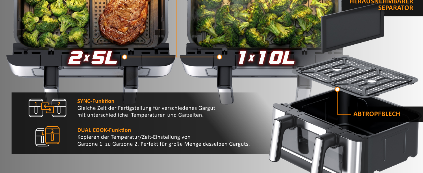 Аерофритюрниця Arendo XXL 10л з двома камерами - мультипеч, гриль, сушарка для продуктів. Фритюрниця без олії для піци, курки, картоплі фрі