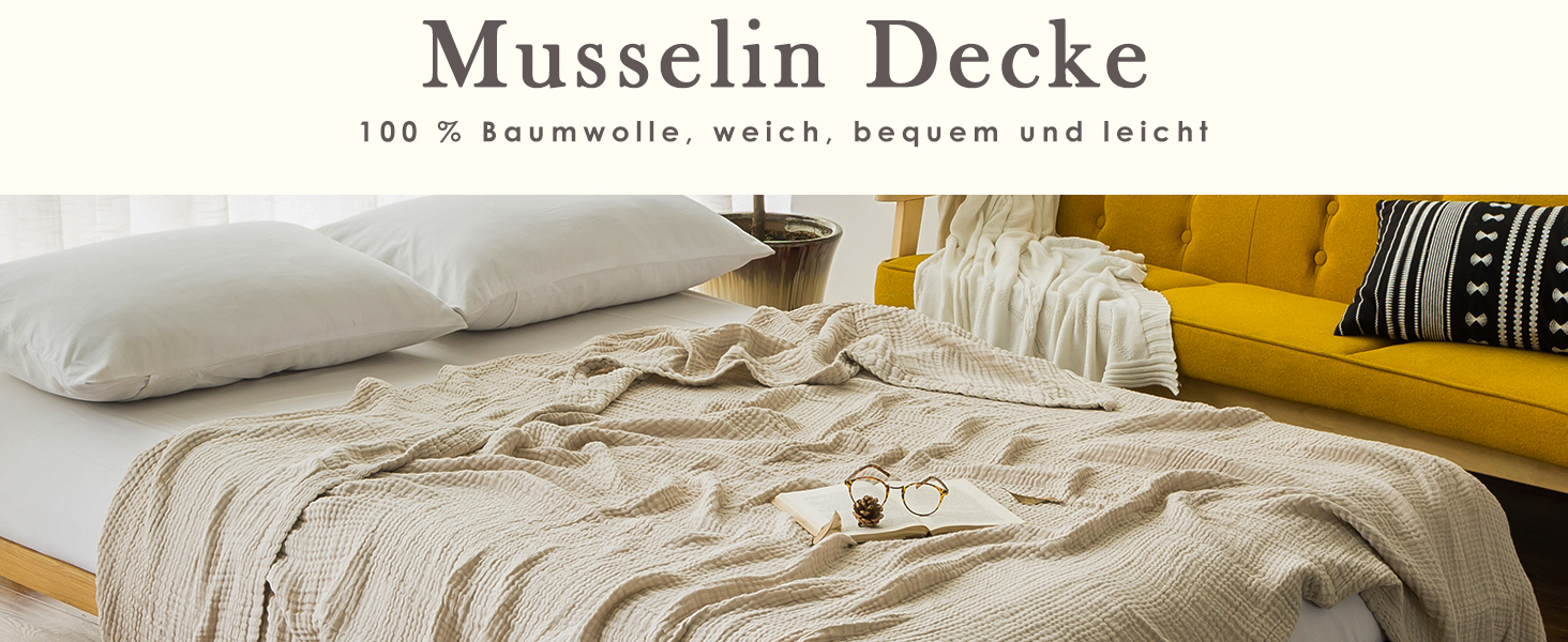 Плед EMME з 100% мусліну, 230 x 230 см: м'який, дихаючий, для дивану, бежевий | EMME