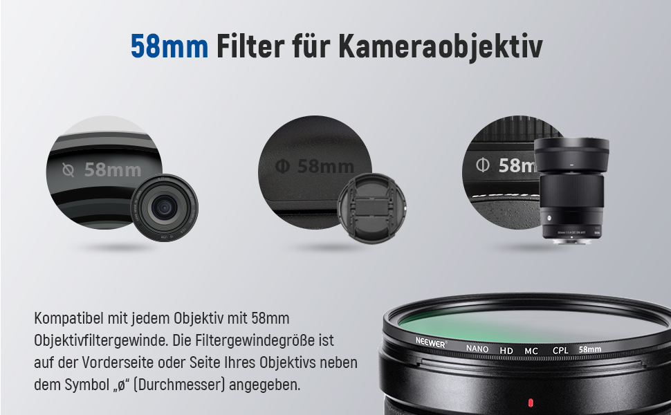 NEEWER Поляризаційний фільтр CPL 58mm для об'єктивів камери - зменшує відблиски, покращує контраст, HD скло