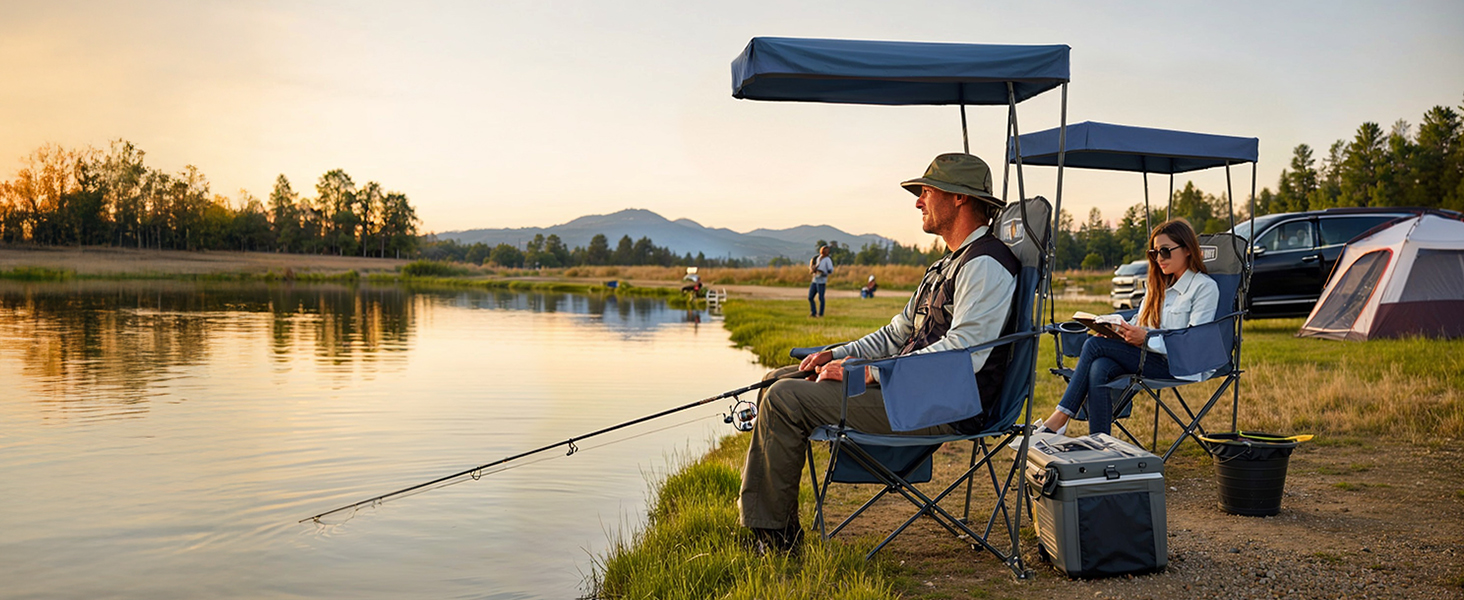 Кемпінговий стілець Overmont зі спадковим дахом, підсклянником та охолоджуючим кишенем - блакитно-сірий
