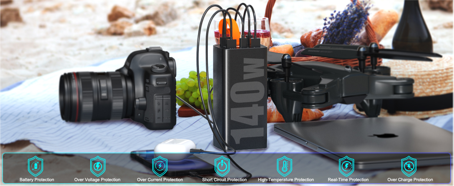 Портативний акумулятор 140W 70000mAh з 5 виходами USB-C, PD3.1, QC4.0, LED-дисплеєм, ліхтариком, для ноутбука, телефону, планшета, подорожей, кемпінгу, чорний