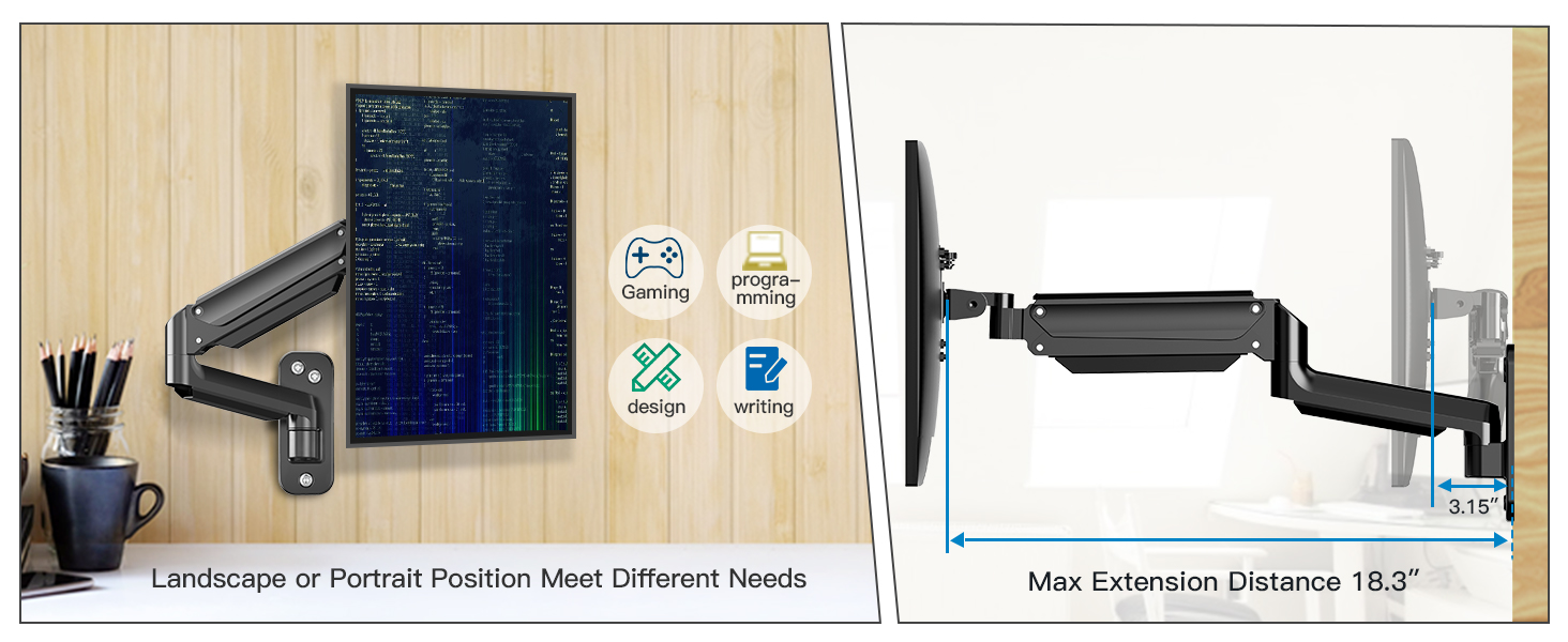Кріплення для монітора HUANUO 17-32 дюйми, настінна кріплення, гнучкий підлокітник, VESA 75x100 мм, для геймінгу