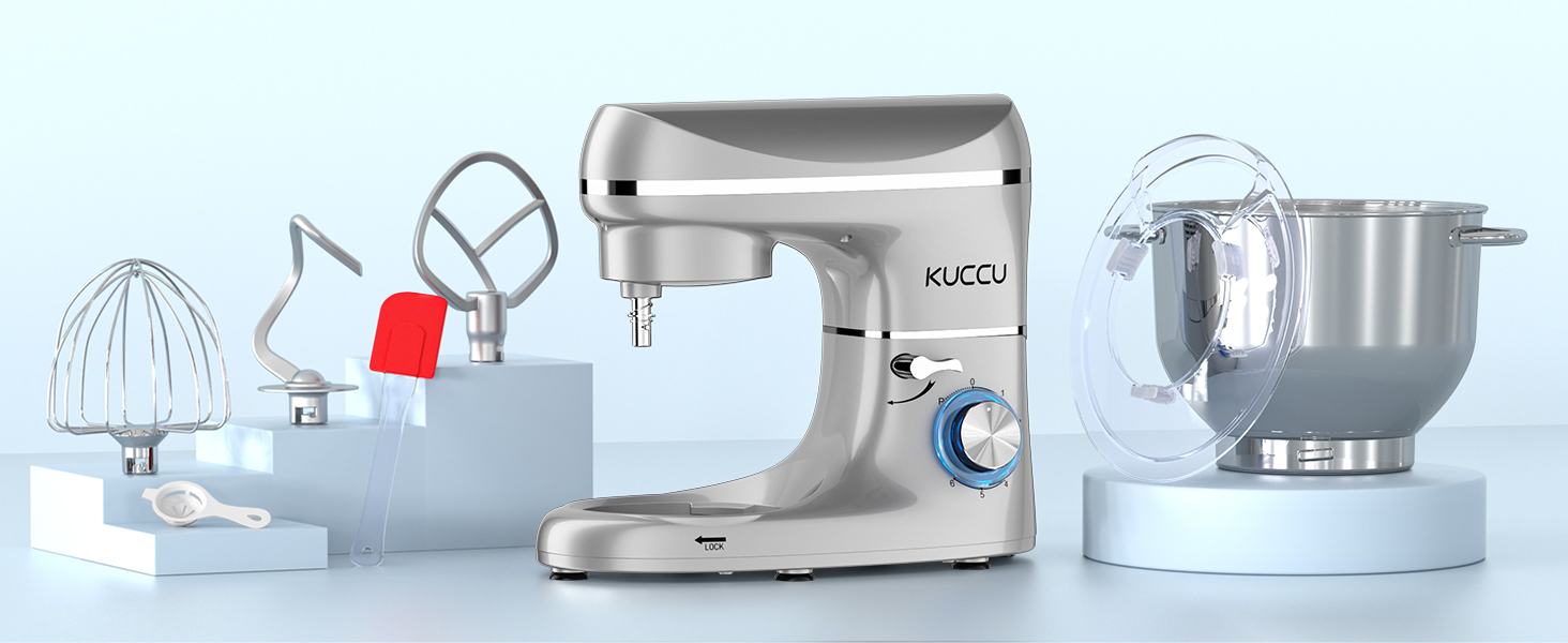 Кухонний комбайн-міксер 1500W з чашею з нержавіючої сталі 7л, планетарний міксер для тіста з 6 швидкостями та набором насадок (гак, вінчик, міксер), сріблястий