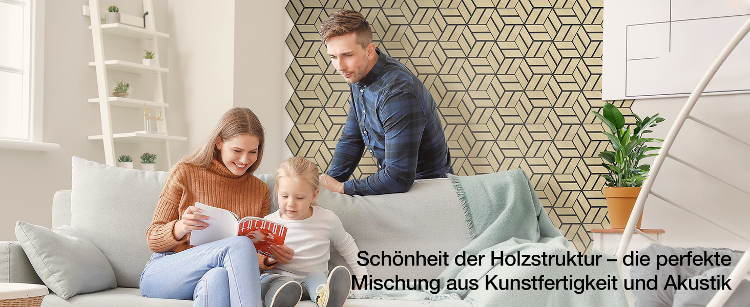 Акустичні 3D панелі JAMELO з натурального шпона дуба, самоклеючі гексагональні стінові панелі для декору стін та стелі, 30x15x1.2 см, 10 шт., натуральний колір