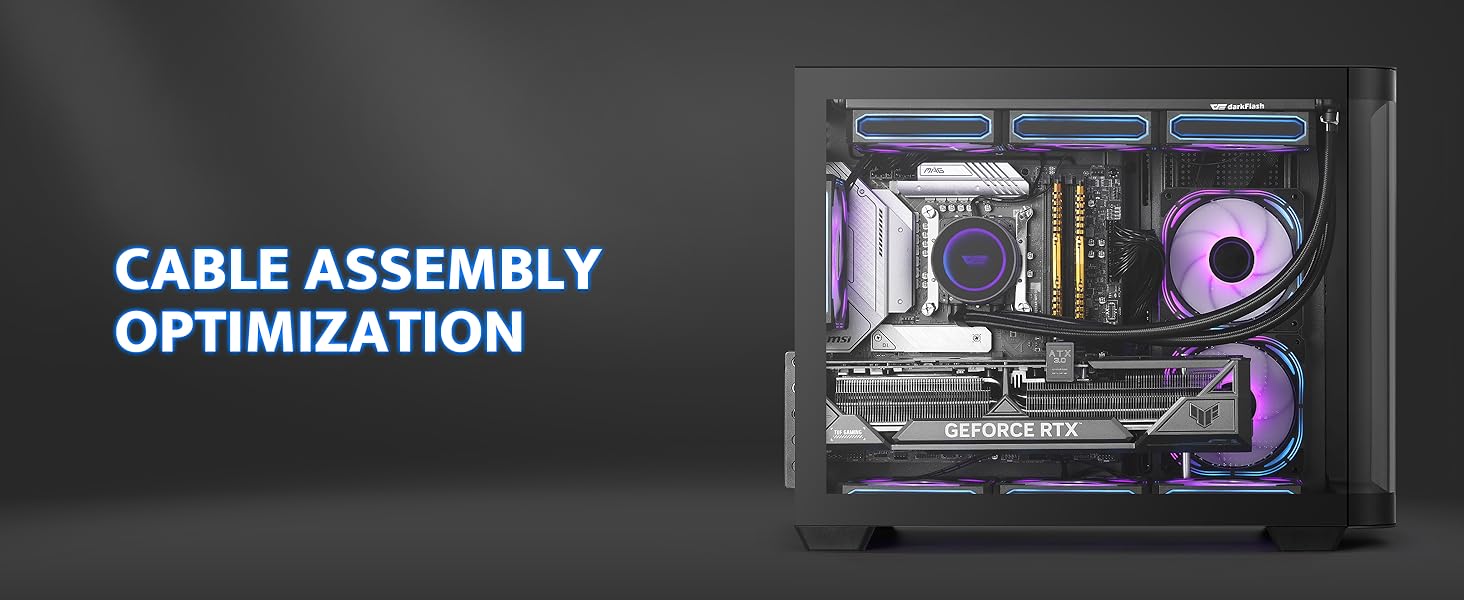 darkFlash ATX корпус для ігрового ПК з 4 ARGB вентиляторами, скло для повного огляду, 2 камери, Type-C, підтримка 2 AIO 360мм, чорний (DPW90)