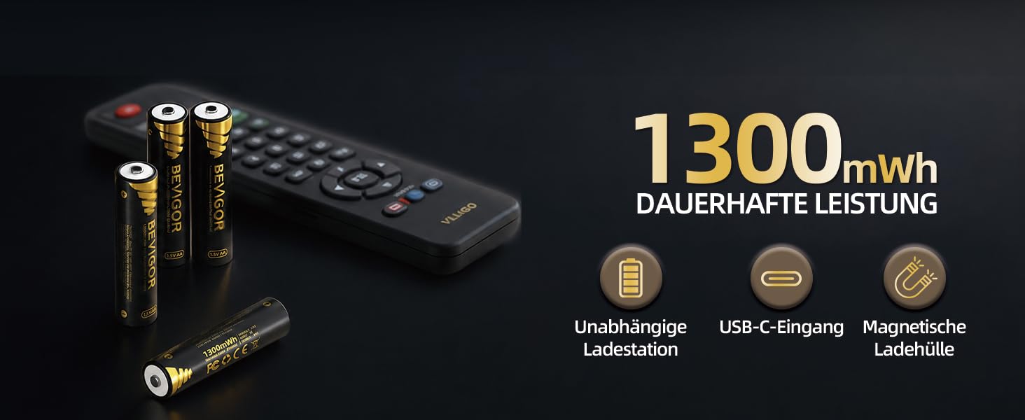 Набір літієвих акумуляторів BEVIGOR (6хAA, 2хAAA) з зарядним пристроєм USB-C, 1.5V стабільна напруга