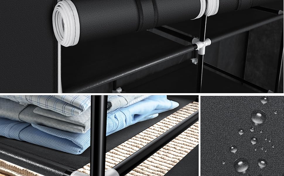 KESSER® Wardrobe Fabric Wardrobe Stable with Clothes Rail & Shelves, Incl. 5x Clothes Hangers, Fabric Folding Wardrobe for Bedroom, Dressing Room Closet with Clothes Rack 150x45x175cm Black