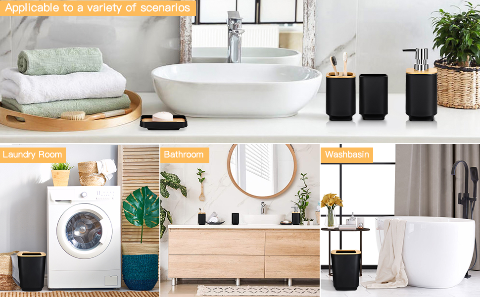 Набір аксесуарів для ванної кімнати JOTOM з бамбука, 6 шт. Сучасний дизайн: дозатор для мила, тримач для зубних щіток, стакан, мильниця, тримач для туалетного йоржика, сміттєве відро. Сірий колір