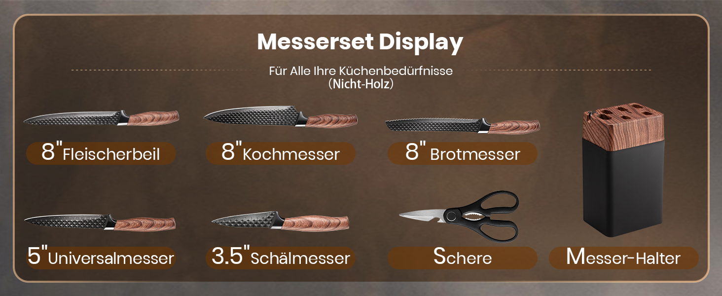 Набір ножів Messerblock Set, 7 предметів: професійний кухонний набір з блоком, з високоякісної нержавіючої сталі та ергономічними ручками, для дому. Чорний колір.