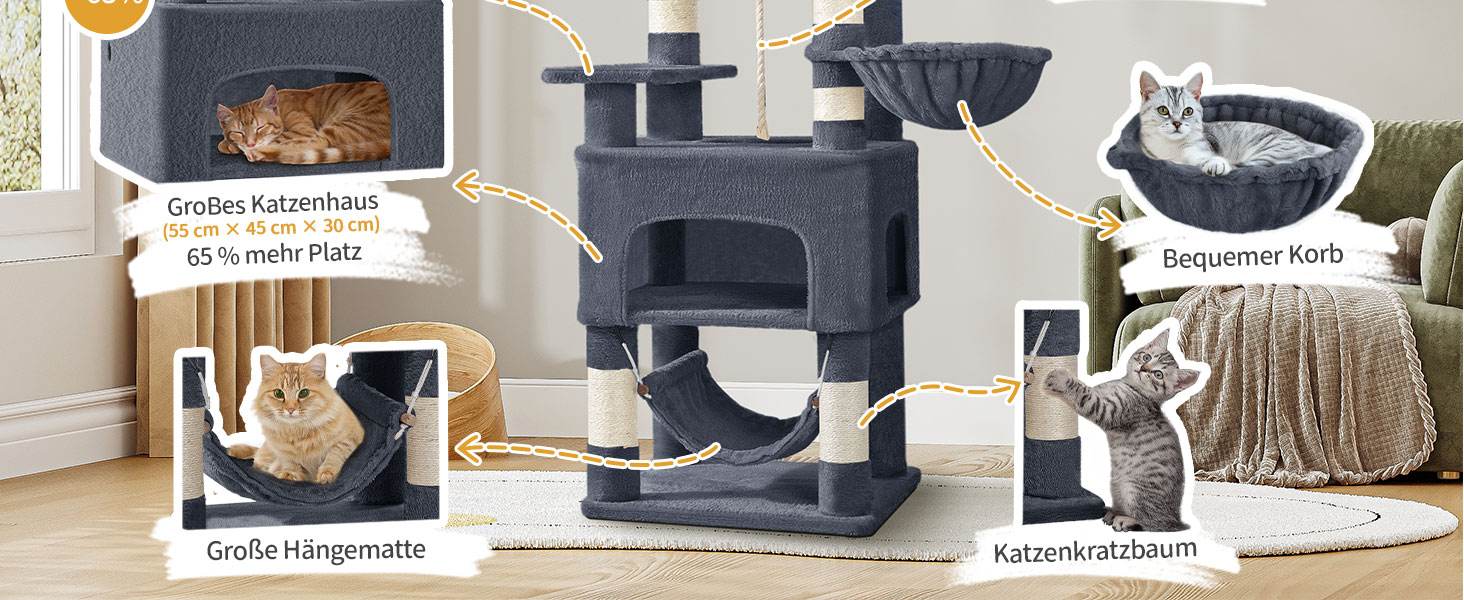 Кігтеточка для котів Hzuaneri, 176 см, XL, 3 платформи, 2 печери, 7 кігтеточних стовпів, гамак, плюшеві кульки, для багатокотових домівок, темно-сірий MS17618SG