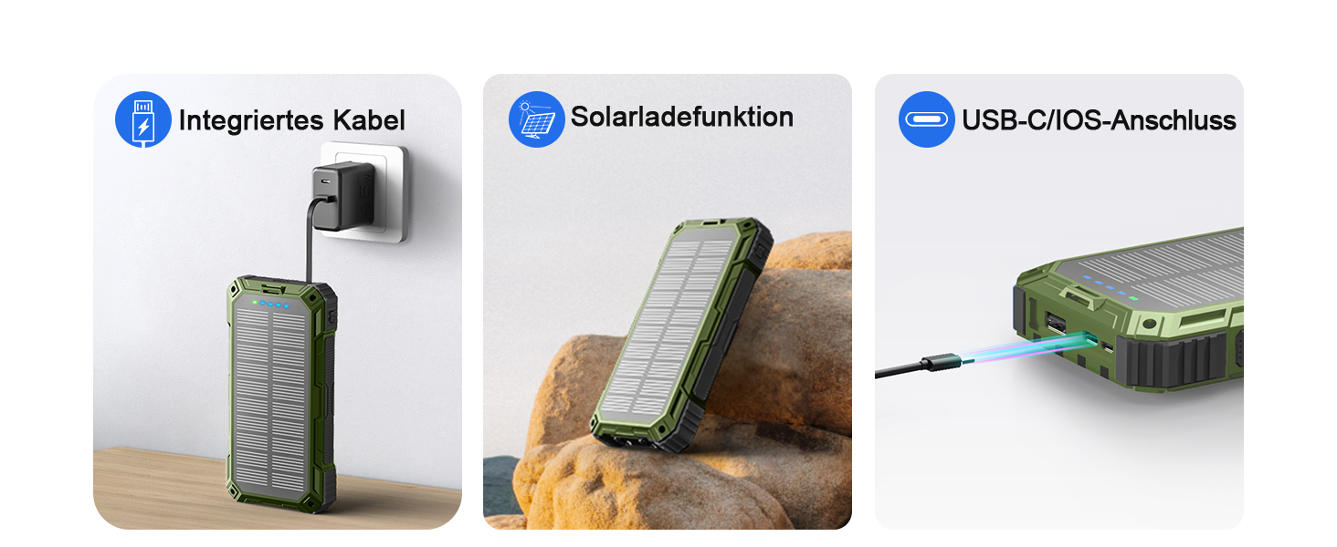 Сонячний повербанк 26800 mAh з 4 кабелями, швидка зарядка USB-C, Qi бездротова зарядка, LED ліхтарик - для телефонів, планшетів, кемпінгу (Зелений)