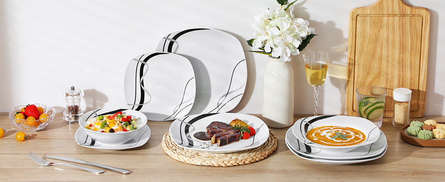 Набір посуду VEWEET FIONA 24 шт. для 6 осіб: 6 тарілок, 6 десертних тарілок, 6 супових тарілок, 6 мисок