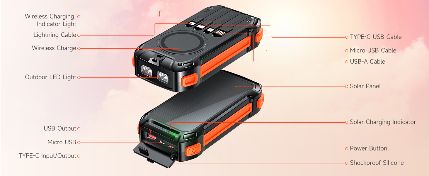 Портативний акумулятор 26800mAh з 4 кабелями: 30W USB-C, швидка зарядка, 7 виходів, SOS ліхтарик, для телефонів та планшетів (Чорний)