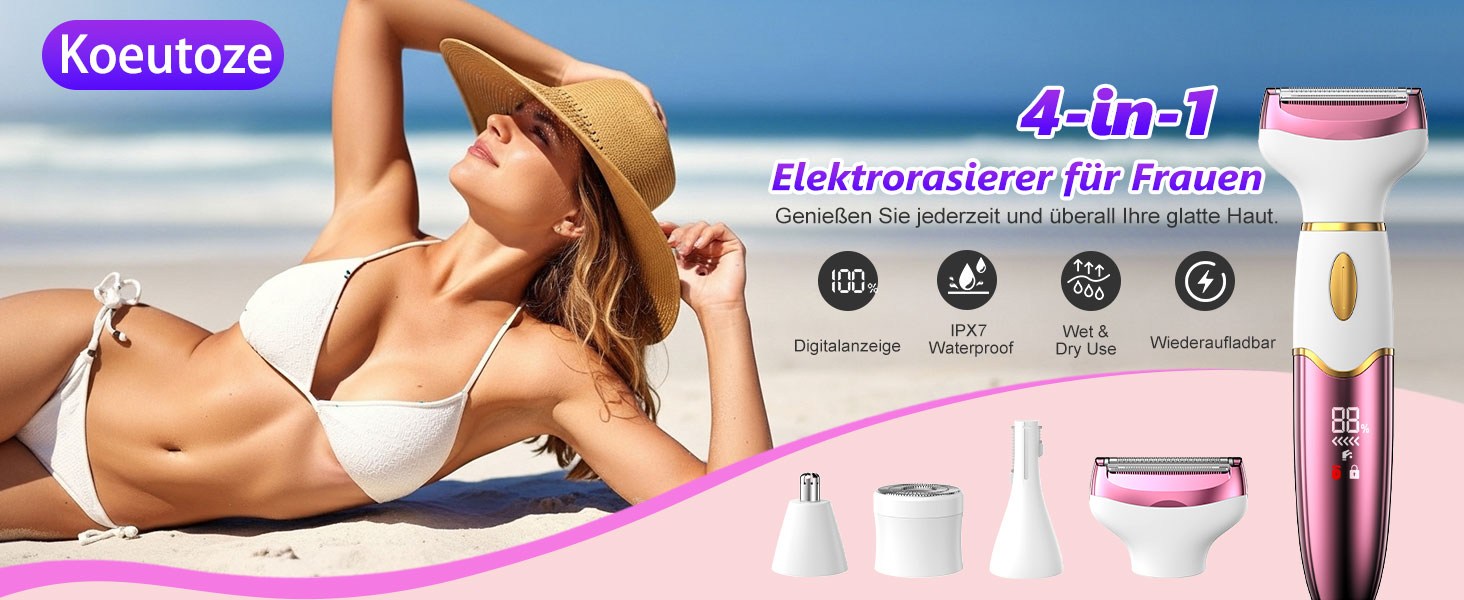 Електричний жіночий тример 4-в-1 з цифровим дисплеєм – для обличчя, ніг, під пахвами та інтимної зони, водонепроникний IPX7, USB-зарядка, рожевий