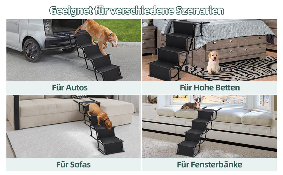 Folding Dog Ramp for Cars - 4 Step Pet Staircase, Up to 80kg, Black - Gentle on Joints