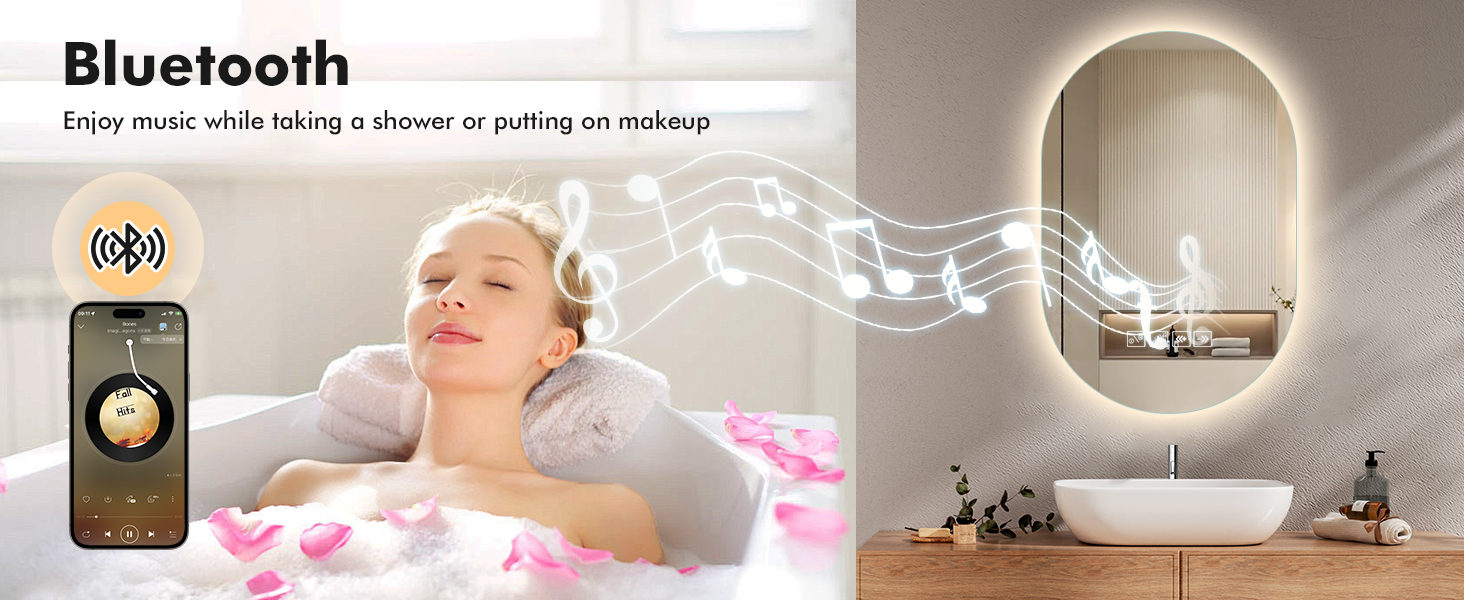 Дзеркало для ванної кімнати з підсвічуванням LED, 60 см, протитуманна функція, Bluetooth, сенсорний вимикач, регулювання яскравості, 3000K/4000K/6500K, HD-загартоване скло, 500x750 мм (овальне)