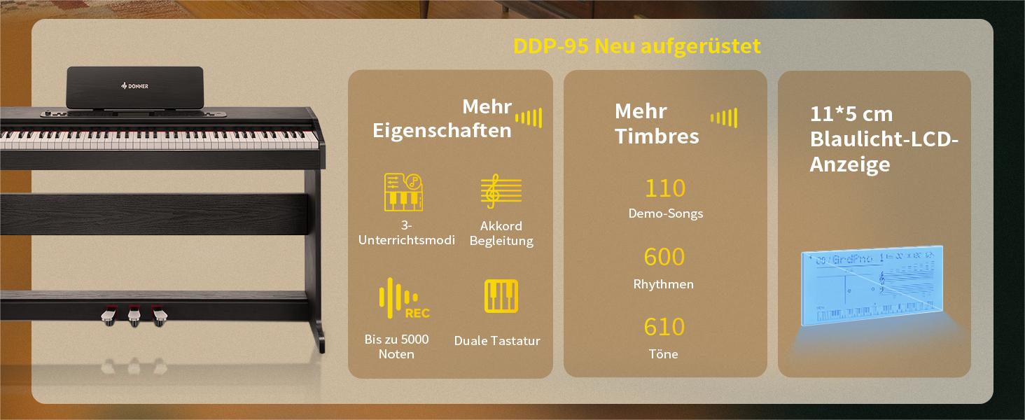 Цифрове піаніно Donner DDP-95 для початківців з 88 важними клавішами, підключення Bluetooth, LCD дисплеєм 11*5 см, 610 тембрів, 600 ритмів, 3 навчальні режими, чорний колір