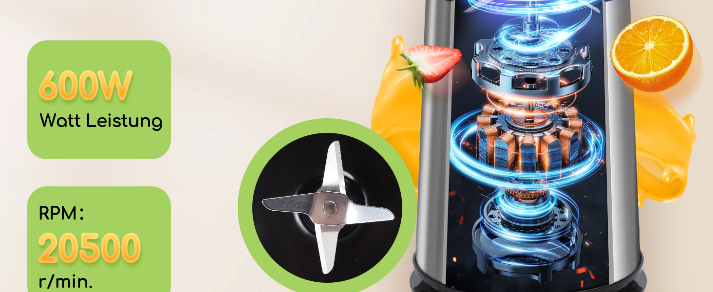 Блендер Aigostar для смузі, Mini Standmixer, 600W, 2 пляшки 800мл з кришкою, 2 швидкості + імпульсний режим, подрібнення льоду, пляшка Tritan, без BPA. Baron