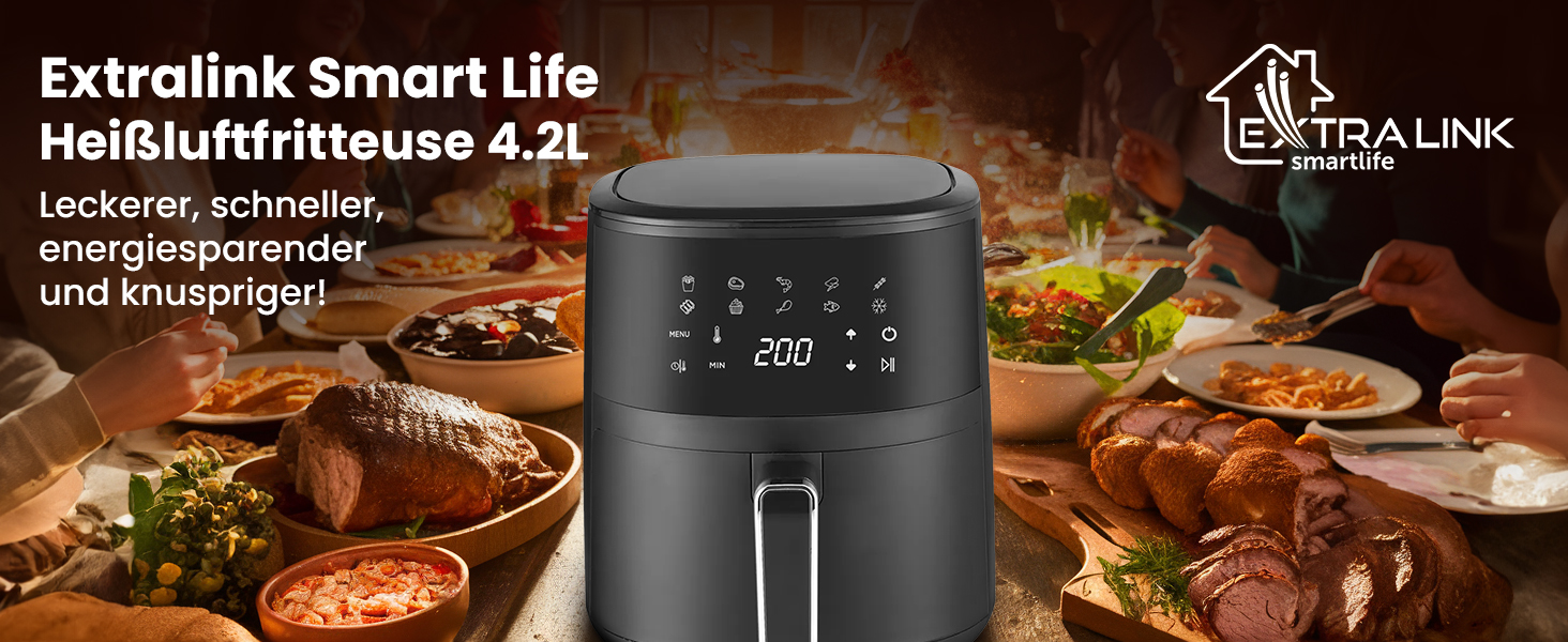 Аерофритюрниця Extralink 4.2L, 1400W з 10 функціями приготування, LED-сенсорний екран, економія енергії, 90% менше жиру