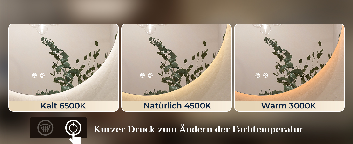 Дзеркало для ванної кімнати Keonjinn кругле, 60см з підсвічуванням, антизапар, сенсорне управління, пам'ять, 3 кольори світла, регулювання яскравості, LED, без рамки