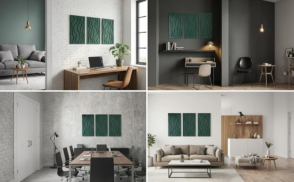 Набір акустичних панелей NIC’BRUX (3 шт.), 80x44 см, звукопоглинаючі настінні панелі з PET-фільцу для вітальні, офісу та студії, смарагдово-зелені