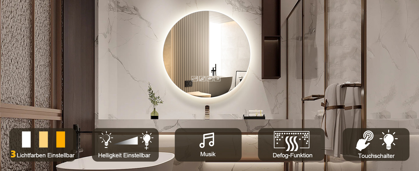 Дзеркало для ванної кімнати Viugreum з підсвічуванням 50x75 см, овальне LED дзеркало, регульована яскравість, 3 кольори світла, проти запотівання, годинник, сенсорне управління, LED дзеркало для ванної кімнати, вітальні