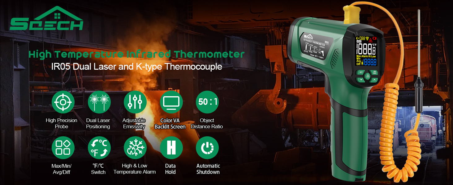 Інфрачервоний термометр SQECH з лазером, -50℃~600℃, регульований коефіцієнт випромінювання, кольорове підсвічування, для кухні, піца-печі, холодильника, промисловості (червоний, зелений до 1200℃)