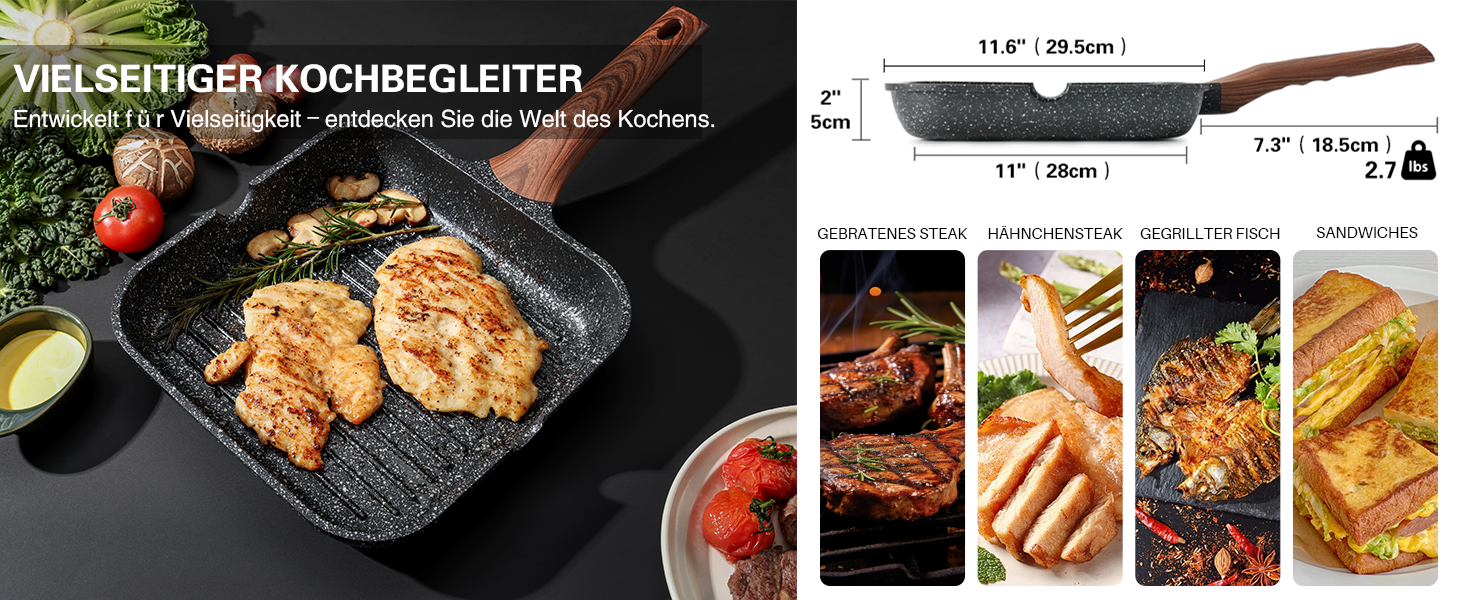 Сковорода гриль Kordisen антипригарна 24 см квадратна для індукції з гранітним покриттям та виливом, універсальна для домашнього приготування, без PFOA (Чорна, 28 см)