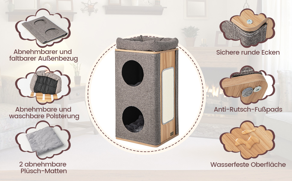 Кігтеточка-будинок для котів COSTWAY 3-ярусна сіра, з дошками для шліфування та 3 килимками, до 20 кг
