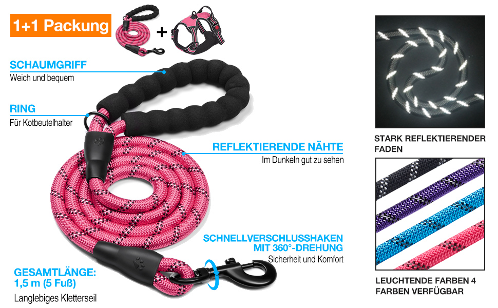 Нашийник для собак Haapaw без натягу, регульований, світловідбиваючий, Оксфорд, зручне керування, середній розмір, міцна собача лінія в подарунок (XL, рожевий)