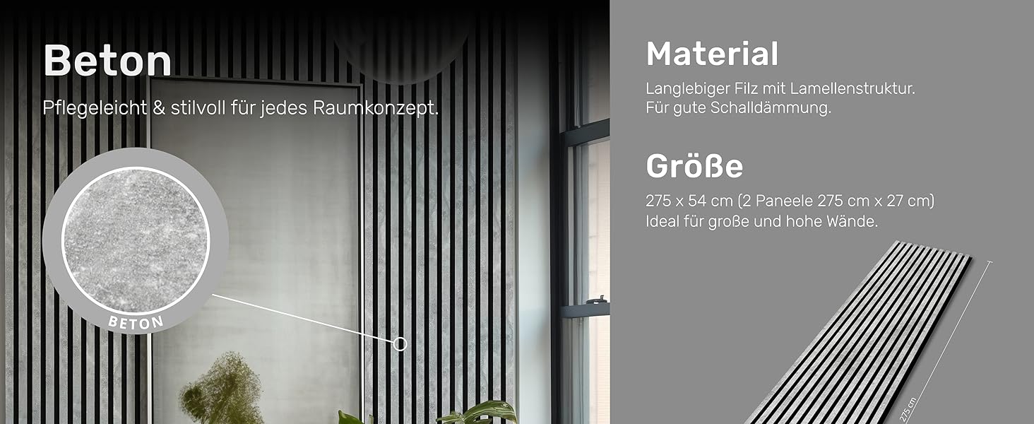 Акустичні панелі з ламелями на фетрі Beton 885, 275x54 см (набір 2 шт. 275x27 см), стіновая облицювання
