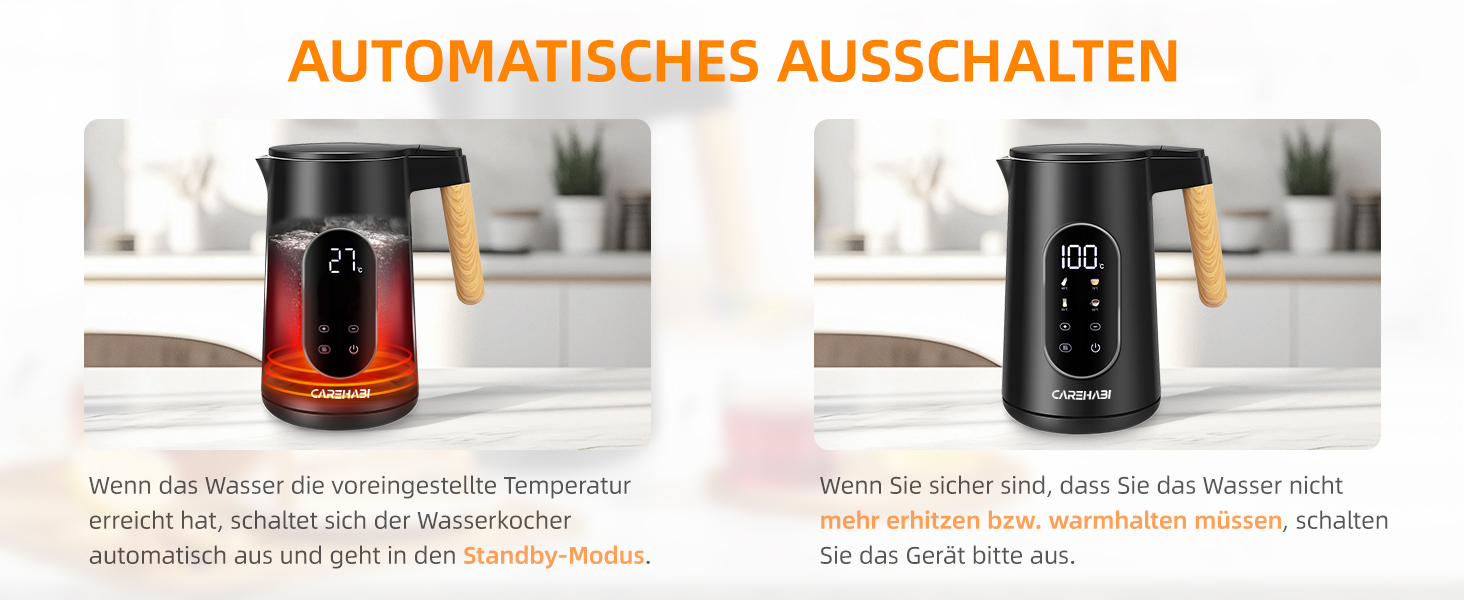 Електричний чайник Carehabi з регулюванням температури, 1.7 л, нержавіюча сталь, чорний, 40°C-100°C, 2200W, LED дисплей, подвійні стінки, функція підтримки тепла