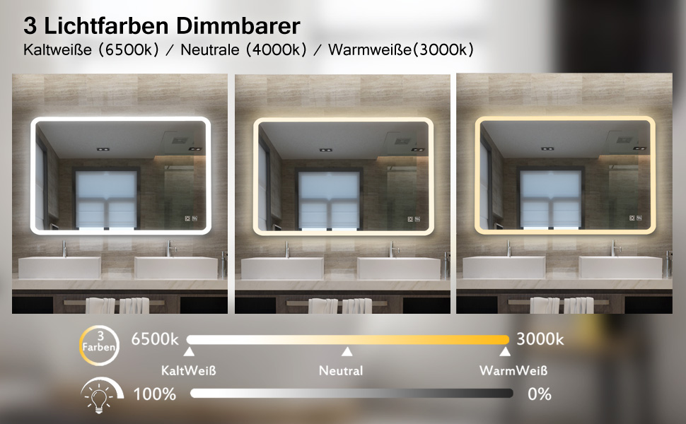 MIQU LED дзеркало для ванної кімнати з підсвічуванням 60x50 см, велике дзеркало для ванної кімнати з сенсорним регулюванням, антизапар, 3 кольори світла, для ванної, туалету, коридору