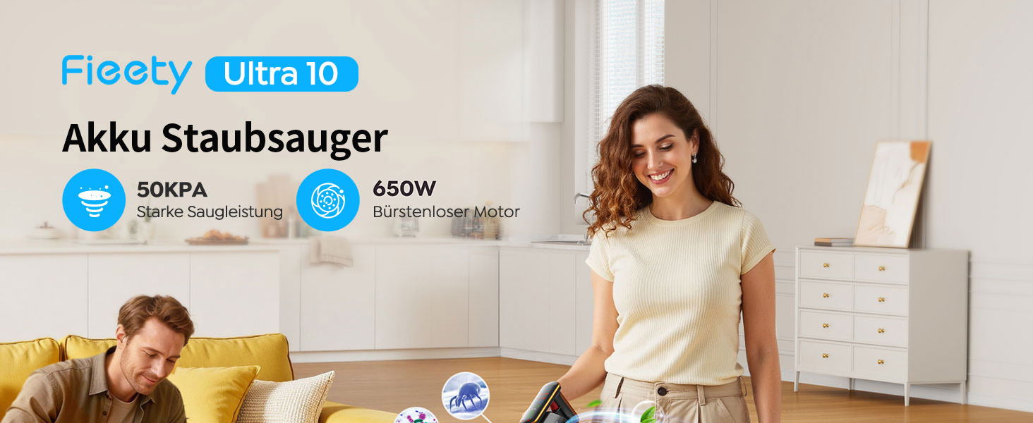 Акумуляторний вертикальний пилосос Fieety Ultra 10, 650W, 50KPa, до 70 хв роботи, з турбощіткою для тварин, чорний