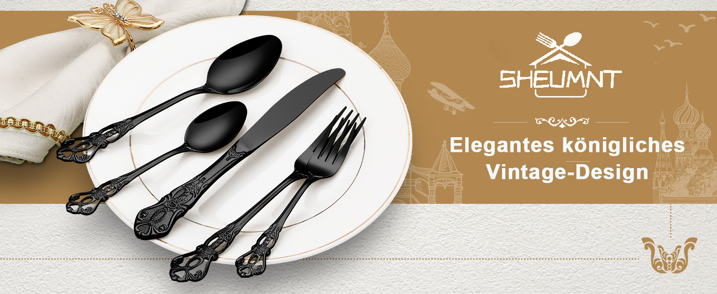 Набір столових приборів Retro на 6 осіб, 24 предмети, нержавіюча сталь, чорний, антикварний бароковий стиль