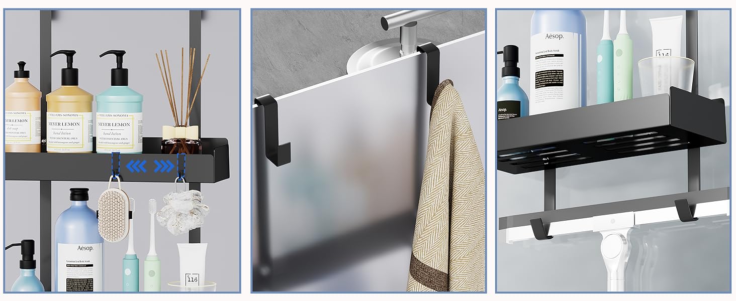 Підставка для душу настінна, полиця для душу з кріпленням для скляних душових кабін, тримач для шампуню в душ, корзина для душу без свердління, чорна з 8 гачками, нержавіюча сталь 65.5x30x11.2 см