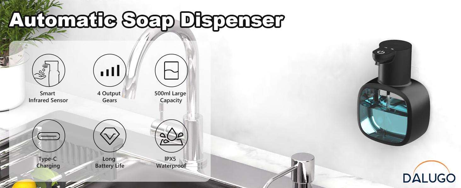 Автоматичний диспенсер для мила Dalugo з USB-C, настінний, 500 мл, електричний, сенсорний, регульований, чорний, для кухні та ванної кімнати