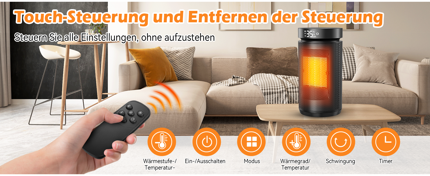 Електричний обігрівач 1500W PTC кераміка, тихий 34 dB, з термостатом, таймером 12 год та захистом від перегріву та перекидання. З пультом керування, чорний.