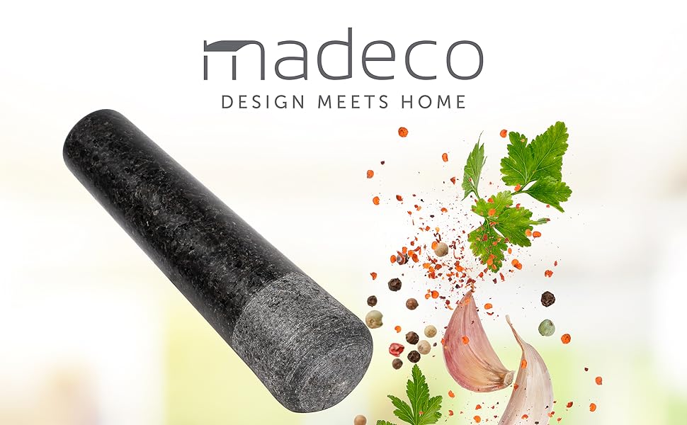 Кам'яний ступка з товкачем madeco з граніту на дерев'яній підставці з горіха, діаметр 14,5 см — для спецій, трав і горіхів, дизайнерський набір ступка та товкач
