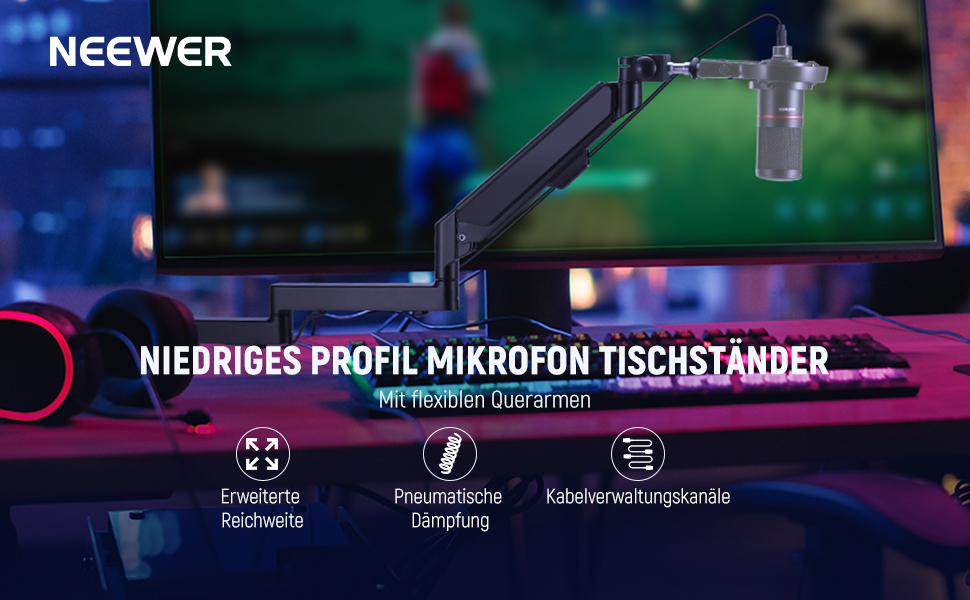 NEEWER Мікрофонний кріплення-тримач MS002 з низьким профілем, 360° обертання, для подкастів, геймінгу, стрімінгу, з каналом для кабелів та серветкою для чищення
