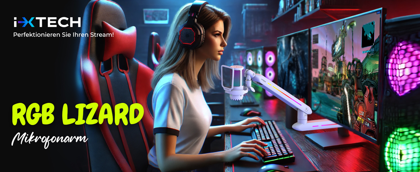 Підставка для мікрофона IXTECH RGB з низьким профілем, регульована, з кріпленням для столу та кабельною організацією, для стрімінгу та подкастів (5 ящірок RGB)