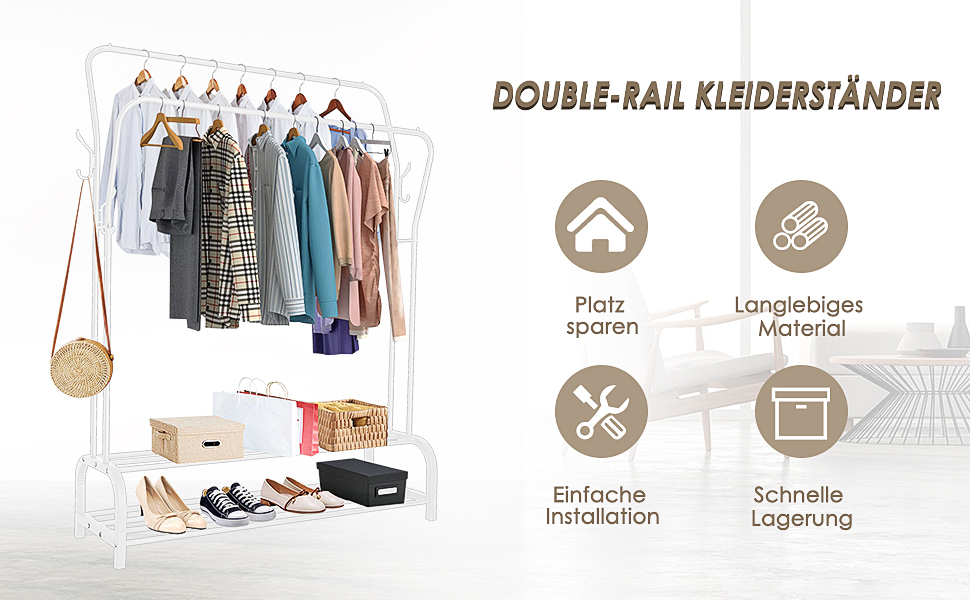 Стійка для одягу на підлозі з металу з полицею для взуття та нижньою полицею, для спальні. Металева стійка для одягу з подвійними вішалками (біла)