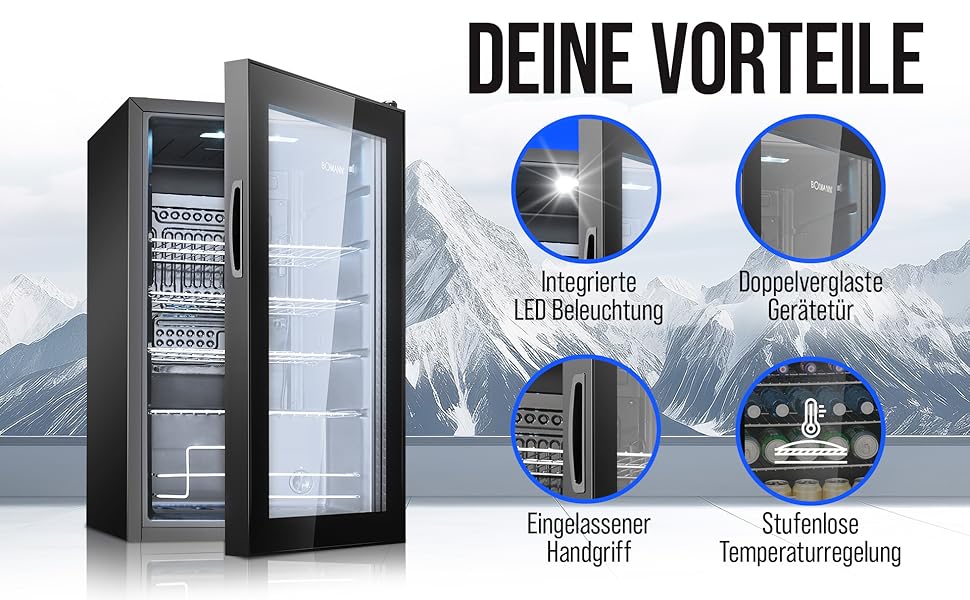 Холодильник для напоїв Bomann® KSG 7287, 63 літри, регулювання температури +3–10°C, з дверцятами зі скла, 4 полиці та LED-підсвічуванням, тихий, енергоефективний, компактний, для пляшок та банок, модель 2024