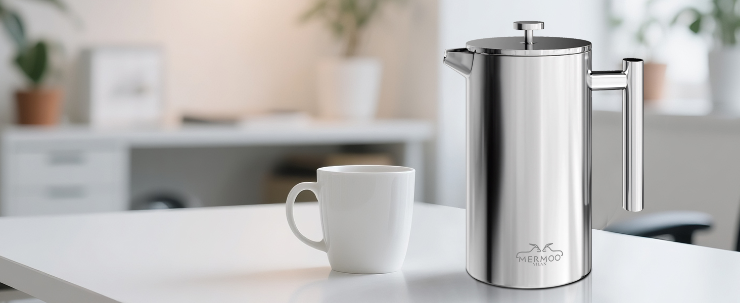 Френч-прес MERMOO YILAN 1L з нержавіючої сталі: термоізольований кавовар для кемпінгу, з подвійними стінками, 1000 мл (чорний)