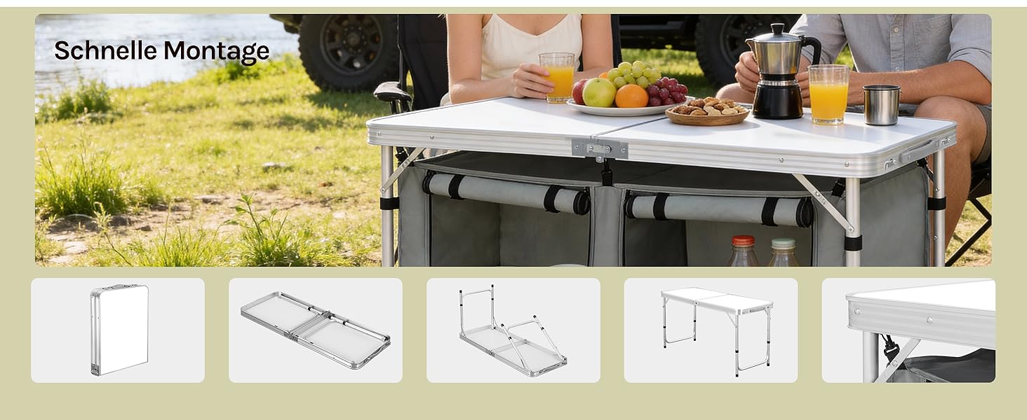 Складний алюмінієвий кемпінговий стіл WOLTU з регульованою висотою та полицями для зберігання, білий+сірий - для пікніка, пляжу, саду